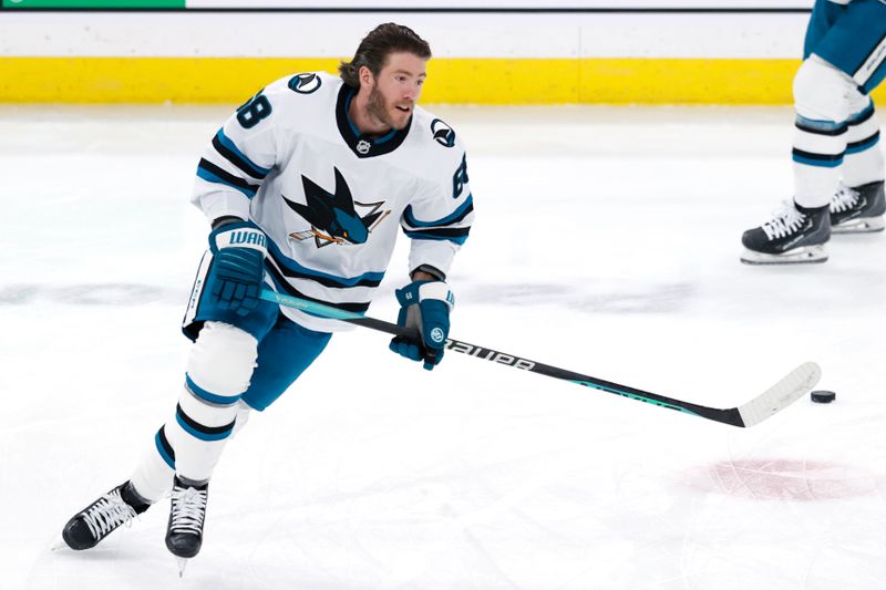 Feb 14, 2024; Winnipeg, Manitoba, CAN; San Jose Sharks center Mike Hoffman (68) warms up before a game against the Winnipeg Jets at Canada Life Centre. Mandatory Credit: James Carey Lauder-USA TODAY Sports