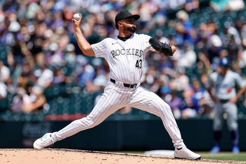 Jun 20, 2024; Denver, Colorado, USA; Colorado Rockies relief pitcher Anthony Molina (43) pitches in the fifth inning against the Los Angeles Dodgers at Coors Field. Mandatory Credit: Isaiah J. Downing-USA TODAY Sports