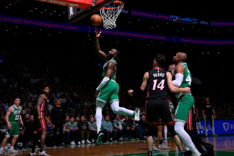 BOSTON, MA - APRIL 24: Jaylen Brown #7 of the Boston Celtics goes to the basket during the game against the Miami Heat during Round 1 Game 2 of the 2024 NBA Playoffs on April 24, 2024 at the TD Garden in Boston, Massachusetts. NOTE TO USER: User expressly acknowledges and agrees that, by downloading and or using this photograph, User is consenting to the terms and conditions of the Getty Images License Agreement. Mandatory Copyright Notice: Copyright 2024 NBAE  (Photo by Brian Babineau/NBAE via Getty Images) 