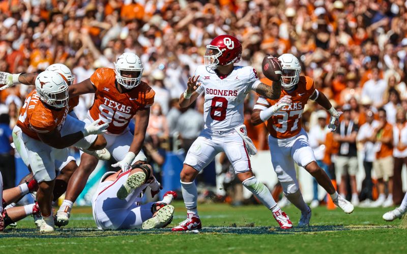 Oct 7, 2023; Dallas, Texas, USA;  Oklahoma Sooners quarterback Dillon Gabriel (8) throws during the second half against the Texas Longhorns at the Cotton Bowl. Mandatory Credit: Kevin Jairaj-USA TODAY Sports