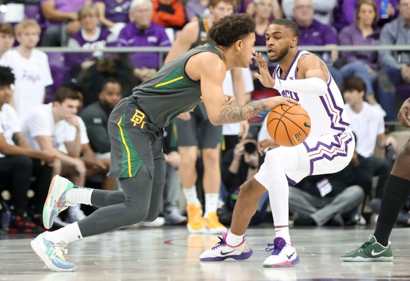 Feb 11, 2023; Fort Worth, Texas, USA;  Baylor Bears guard Keyonte George (1) drives to the basket as TCU Horned Frogs guard Rondel Walker (11) defends during the first half at Ed and Rae Schollmaier Arena. Mandatory Credit: Kevin Jairaj-USA TODAY Sports