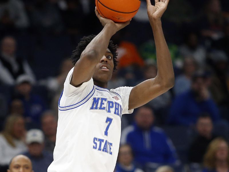 Jan 31, 2024; Memphis, Tennessee, USA; Memphis Tigers forward Nae'Qwan Tomlin (7) shoots during the first half against the Rice Owls at FedExForum. Mandatory Credit: Petre Thomas-USA TODAY Sports