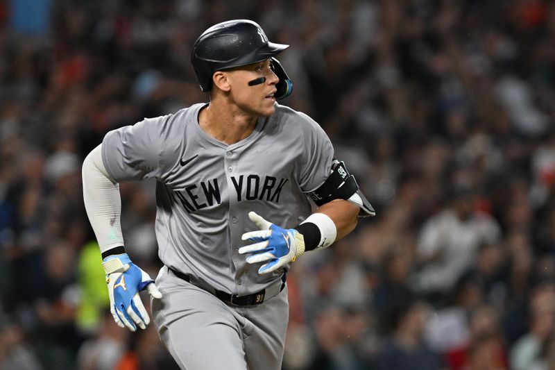 Aug 16, 2024; Detroit, Michigan, USA;  New York Yankees center fielder Aaron Judge (99) runs after hitting a solo home run against the Detroit Tigers in the eighth inning at Comerica Park. Mandatory Credit: Lon Horwedel-USA TODAY Sports