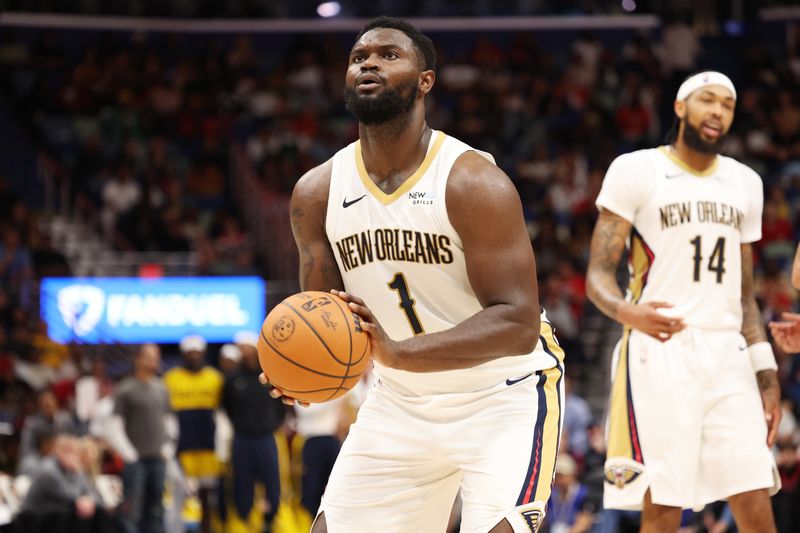 CHICAGO, IL - NOVEMBER 1: Zion Williamson #1 of the New Orleans Pelicans shoots a free throw during the game against the Indiana Pacers on November 1, 2024 at Smoothie King Center in New Orleans, Louisiana. NOTE TO USER: User expressly acknowledges and agrees that, by downloading and or using this photograph, User is consenting to the terms and conditions of the Getty Images License Agreement. Mandatory Copyright Notice: Copyright 2024 NBAE (Photo by Jeff Haynes/NBAE via Getty Images)