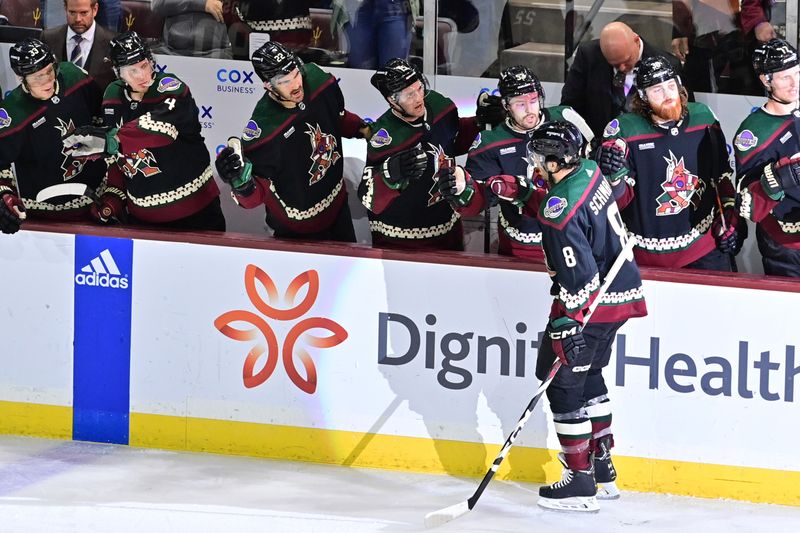 Nov 2, 2023; Tempe, Arizona, USA;  Arizona Coyotes center Nick Schmaltz (8) celebrates after scoring against the Montreal Canadiens in the third period at Mullett Arena. Mandatory Credit: Matt Kartozian-USA TODAY Sports