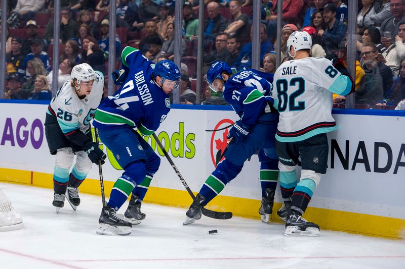 Sep 24, 2024; Vancouver, British Columbia, CAN; Vancouver Canucks forward Linus Karlsson (94) and defenseman Derek Forbort (27) battle for position with Seattle Kraken forward Ryan Winterton (26) and forward Eduard Sale (82) during the second period at Rogers Arena. Mandatory Credit: Bob Frid-Imagn Images