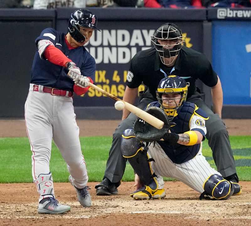 Apr 23, 2023; Boston Red Sox left fielder Masataka Yoshida (7) hits a grand slam home run during the eighth inning of their game against the Milwaukee Brewers at American Family Field. Mandatory Credit: Mark Hoffman-USA TODAY Sports