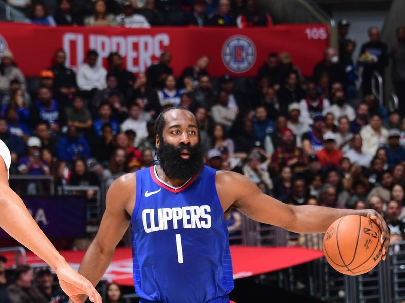 LOS ANGELES, CA - FEBRUARY 12:  James Harden #1 of the LA Clippers handles the ball during the game  on February 12, 2024 at Crypto.Com Arena in Los Angeles, California. NOTE TO USER: User expressly acknowledges and agrees that, by downloading and/or using this Photograph, user is consenting to the terms and conditions of the Getty Images License Agreement. Mandatory Copyright Notice: Copyright 2024 NBAE (Photo by Adam Pantozzi/NBAE via Getty Images)