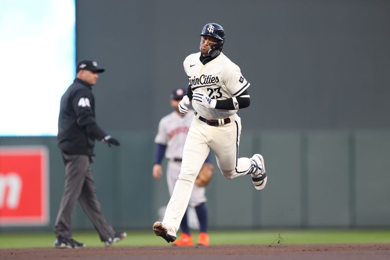 Oct 11, 2023; Minneapolis, Minnesota, USA; Minnesota Twins third baseman Royce Lewis (23) rounds the bases after hitting a solo home-run in the first inning against the Houston Astros during game four of the ALDS for the 2023 MLB playoffs at Target Field Mandatory Credit: Jesse Johnson-USA TODAY Sports