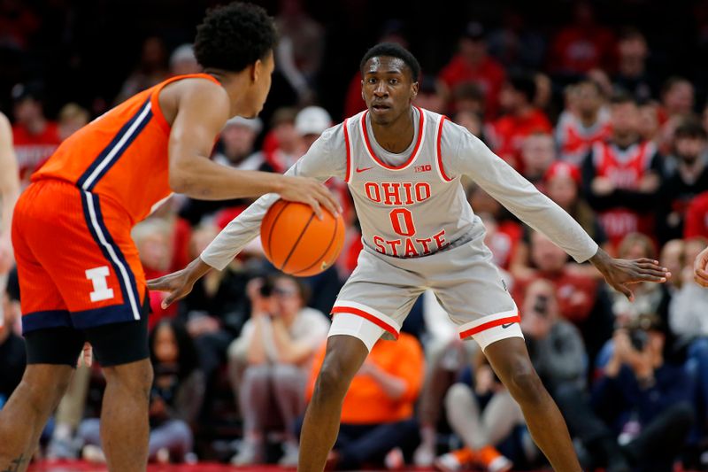 Jan 30, 2024; Columbus, Ohio, USA; Ohio State Buckeyes guard Scotty Middleton (0) defends Illinois Fighting Illini guard Justin Harmon (4) during the second half at Value City Arena. Mandatory Credit: Joseph Maiorana-USA TODAY Sports