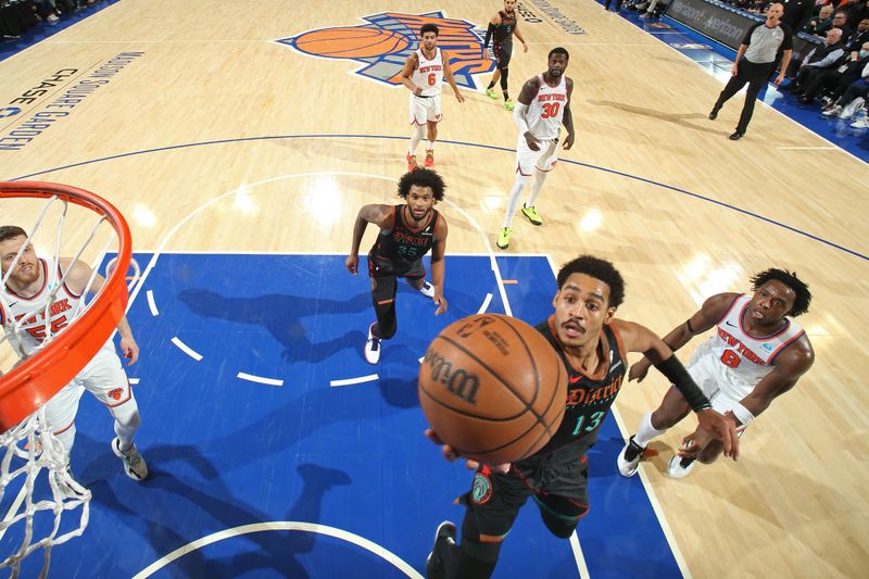 NEW YORK, NY - JANUARY 18: Jordan Poole #13 of the Washington Wizards drives to the basket during the game against the New York Knicks on January 18, 2024 at Madison Square Garden in New York City, New York. NOTE TO USER: User expressly acknowledges and agrees that, by downloading and or using this photograph, User is consenting to the terms and conditions of the Getty Images License Agreement. Mandatory Copyright Notice: Copyright 2024 NBAE  (Photo by Nathaniel S. Butler/NBAE via Getty Images)