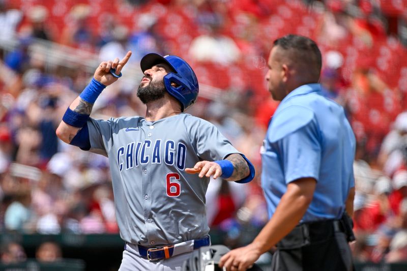 Jul 14, 2024; St. Louis, Missouri, USA;  Chicago Cubs catcher Tomas Nido (6) reacts as he runs the bases after hitting a solo home run against the St. Louis Cardinals during the fifth inning at Busch Stadium. Mandatory Credit: Jeff Curry-USA TODAY Sports