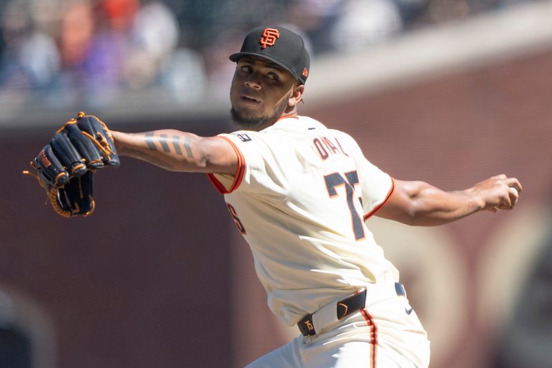 Sep 5, 2024; San Francisco, California, USA;  San Francisco Giants pitcher Camilo Doval (75) pitches during the eighth inning against the Arizona Diamondbacks at Oracle Park. Mandatory Credit: Stan Szeto-Imagn Images