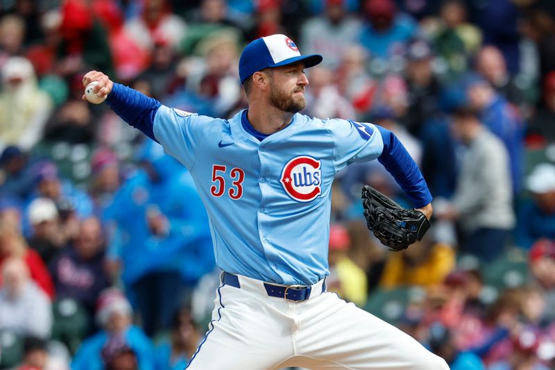Apr 25, 2025; Chicago, Illinois, USA;  Chicago Cubs starting pitcher Colin Rea (53) delivers a pitch against the Philadelphia Phillies during the first inning at Wrigley Field. Mandatory Credit: Kamil Krzaczynski-Imagn Images