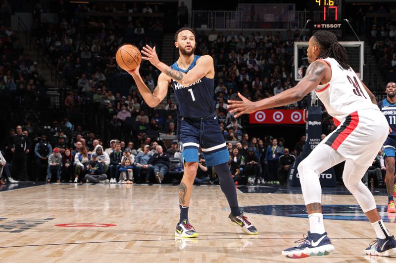 MINNEAPOLIS, MN -  MARCH 4: Kyle Anderson #1 of the Minnesota Timberwolves looks to pass the ball during the game against the Portland Trail Blazers on March 4, 2024 at Target Center in Minneapolis, Minnesota. NOTE TO USER: User expressly acknowledges and agrees that, by downloading and or using this Photograph, user is consenting to the terms and conditions of the Getty Images License Agreement. Mandatory Copyright Notice: Copyright 2024 NBAE (Photo by David Sherman/NBAE via Getty Images)