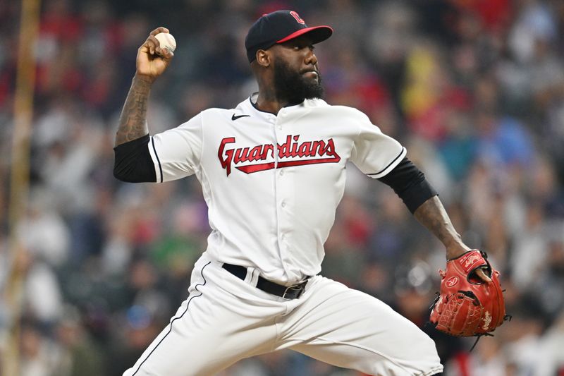 Jun 6, 2023; Cleveland, Ohio, USA; Cleveland Guardians relief pitcher Enyel De Los Santos (62) throws a pitch during the eighth inning against the Boston Red Sox at Progressive Field. Mandatory Credit: Ken Blaze-USA TODAY Sports