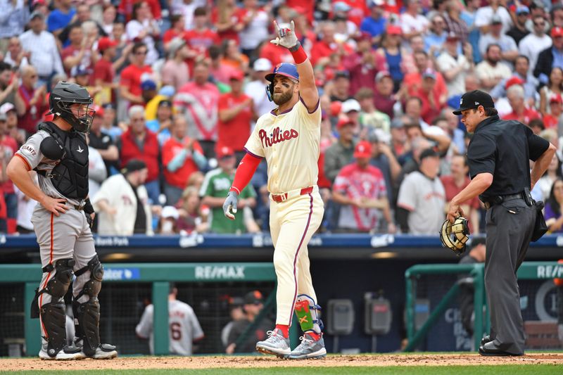 May 6, 2024; Philadelphia, Pennsylvania, USA; Philadelphia Phillies first base Bryce Harper (3) celebrates his three run home run against the San Francisco Giants  during the fifth inning at Citizens Bank Park. Mandatory Credit: Eric Hartline-USA TODAY Sports