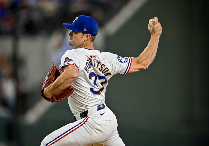 Apr 10, 2024; Arlington, Texas, USA; Texas Rangers relief pitcher David Robertson (37) pitches against the Oakland Athletics during the eighth inning at Globe Life Field. Mandatory Credit: Jerome Miron-USA TODAY Sports