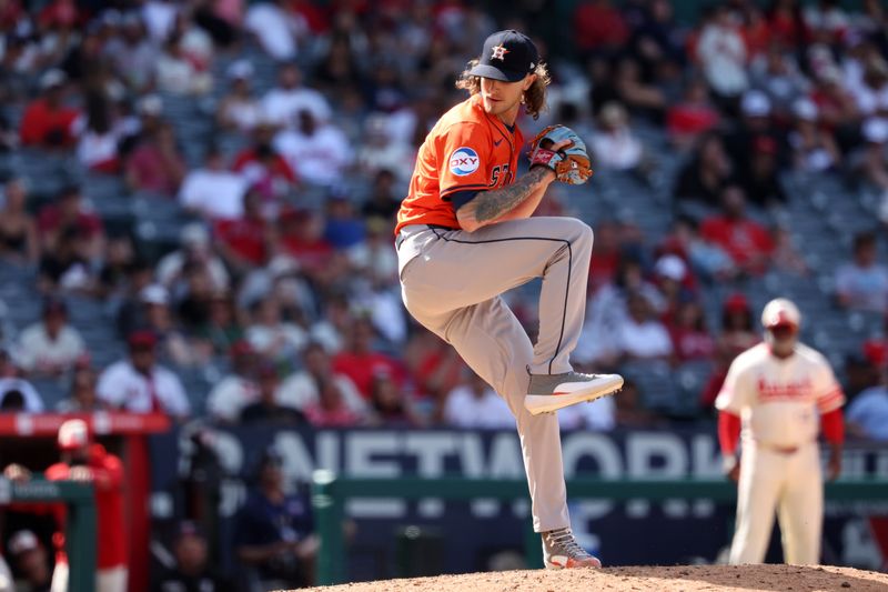 Jun 9, 2024; Anaheim, California, USA;  Houston Astros relief pitcher Josh Hader (71) pitches during the eighth inning against the Los Angeles Angels at Angel Stadium. Mandatory Credit: Kiyoshi Mio-USA TODAY Sports