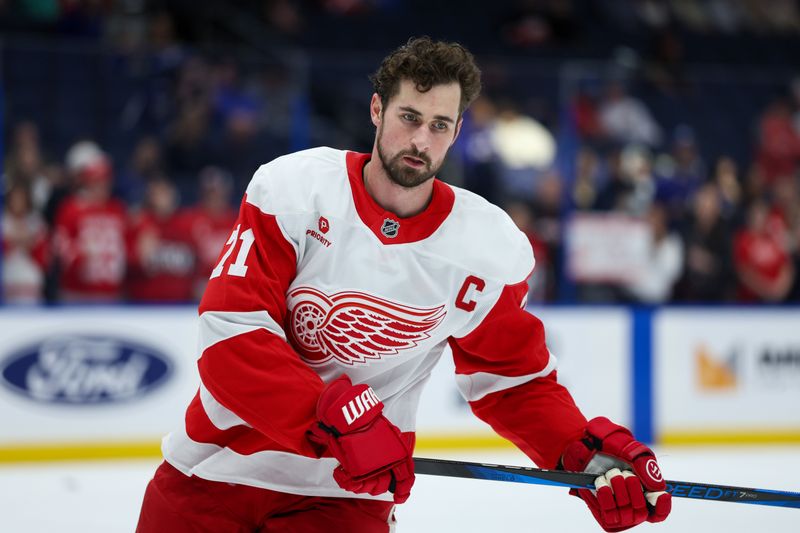 Jan 18, 2025; Tampa, Florida, USA; Detroit Red Wings center Dylan Larkin (71) warms up before a game against the Tampa Bay Lightning at Amalie Arena. Mandatory Credit: Nathan Ray Seebeck-Imagn Images