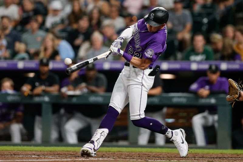 Aug 18, 2023; Denver, Colorado, USA; Colorado Rockies left fielder Nolan Jones (22) breaks his bat on an RBI single in the sixth inning against the Chicago White Sox at Coors Field. Mandatory Credit: Isaiah J. Downing-USA TODAY Sports