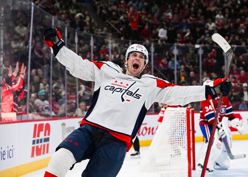 Oct 21, 2023; Montreal, Quebec, CAN; Washington Capitals center Dylan Strome (17) celebrates his second goal of the game against the Montreal Canadiens during the third period at Bell Centre. Mandatory Credit: David Kirouac-USA TODAY Sports