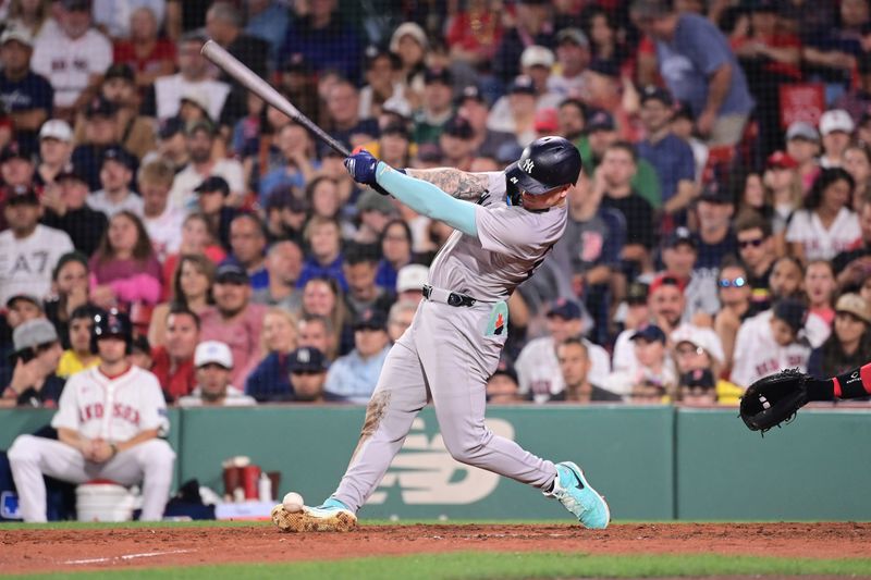 Jul 28, 2024; Boston, Massachusetts, USA; New York Yankees right fielder Alex Verdugo (24) hits a foul ball into himself during the eighth inning against the Boston Red Sox at Fenway Park. Mandatory Credit: Eric Canha-USA TODAY Sports