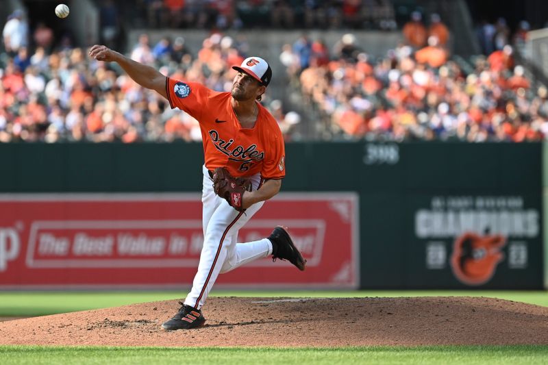 Jul 27, 2024; Baltimore, Maryland, USA;  Baltimore Orioles pitcher Dean Kremer (64) throws a third inning pitch against the San Diego Padres at Oriole Park at Camden Yards. Mandatory Credit: Tommy Gilligan-USA TODAY Sports