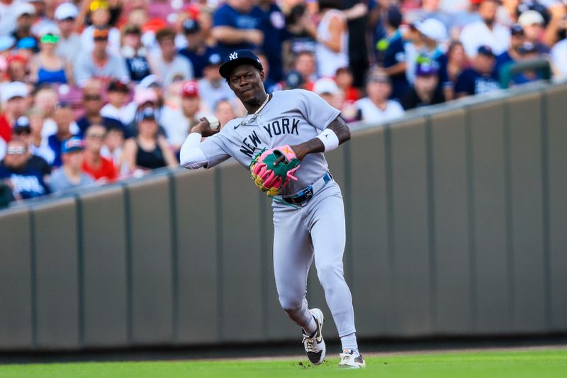 Jun 24, 2025; Cincinnati, Ohio, USA; New York Yankees third baseman Jazz Chisholm Jr. (13) throws to first to get Cincinnati Reds second baseman Matt McLain (not pictured) out in the first inning at Great American Ball Park. Mandatory Credit: Katie Stratman-Imagn Images