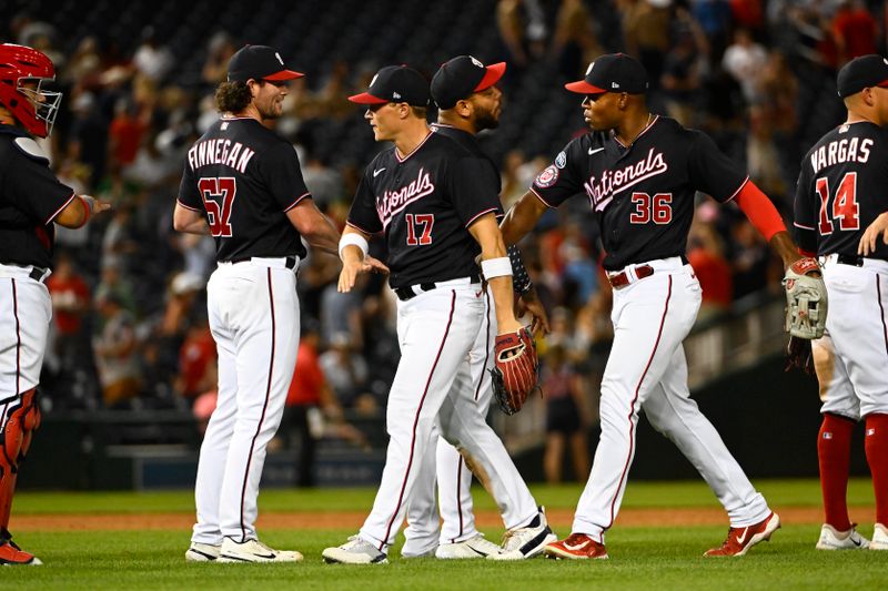 Aug 16, 2023; Washington, District of Columbia, USA; Washington Nationals celebrate after defeating the Boston Red Sox at Nationals Park. Mandatory Credit: Brad Mills-USA TODAY Sports