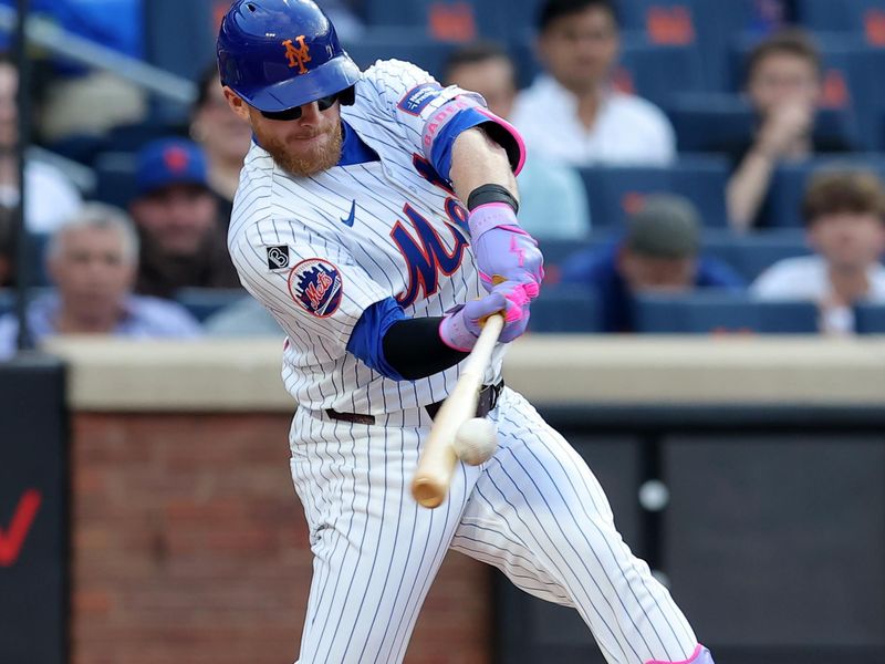 Jun 12, 2024; New York City, New York, USA; New York Mets center fielder Harrison Bader (44) hits a two run home run against the Miami Marlins during the first inning at Citi Field. Mandatory Credit: Brad Penner-USA TODAY Sports