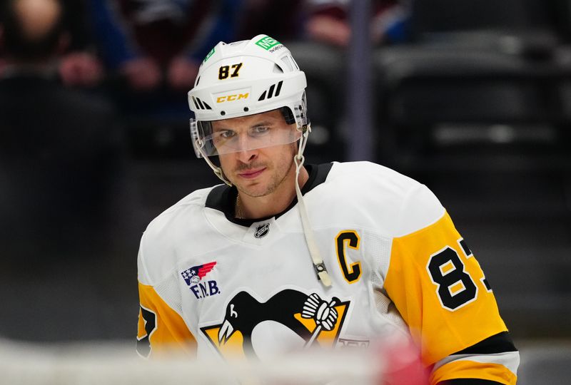 Mar 4, 2025; Denver, Colorado, USA; Pittsburgh Penguins center Sidney Crosby (87) before the game against the Colorado Avalanche at Ball Arena. Mandatory Credit: Ron Chenoy-Imagn Images