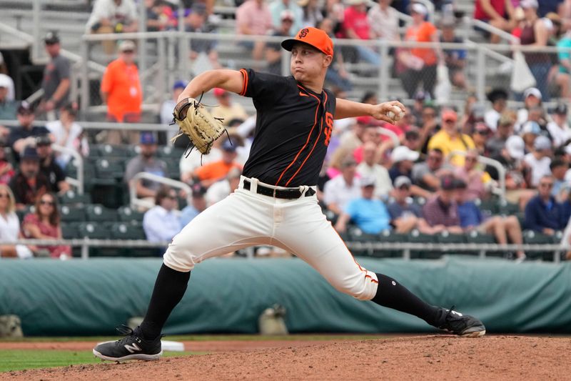 Feb 26, 2024; Scottsdale, Arizona, USA; San Francisco Giants pitcher Chris Wright (85) throws against the Los Angeles Angels in the third inning at Scottsdale Stadium. Mandatory Credit: Rick Scuteri-USA TODAY Sports