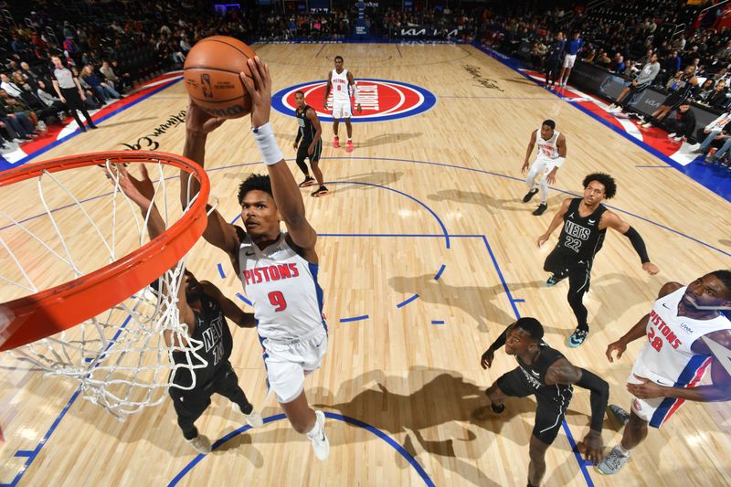 DETROIT, MI - MARCH 7: Ausar Thompson #9 of the Detroit Pistons dunks the ball during the game against the Brooklyn Nets on March 7, 2024 at Little Caesars Arena in Detroit, Michigan. NOTE TO USER: User expressly acknowledges and agrees that, by downloading and/or using this photograph, User is consenting to the terms and conditions of the Getty Images License Agreement. Mandatory Copyright Notice: Copyright 2024 NBAE (Photo by Chris Schwegler/NBAE via Getty Images)