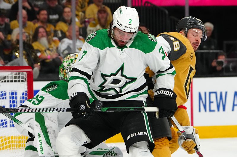 Apr 29, 2024; Las Vegas, Nevada, USA; Dallas Stars defenseman Chris Tanev (3) blocks a shot attempt by the Vegas Golden Knights during the first period of game four of the first round of the 2024 Stanley Cup Playoffs at T-Mobile Arena. Mandatory Credit: Stephen R. Sylvanie-USA TODAY Sports