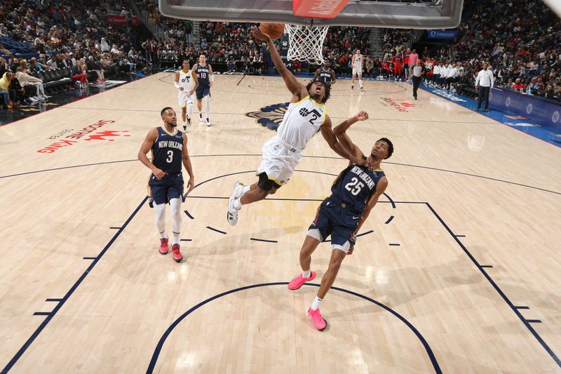 NEW ORLEANS, LA - JANUARY 17:  Collin Sexton #2 of the Utah Jazz shoots the ball during the game against the New Orleans Pelicans on January 17, 2025 at the Smoothie King Center in New Orleans, Louisiana. NOTE TO USER: User expressly acknowledges and agrees that, by downloading and or using this Photograph, user is consenting to the terms and conditions of the Getty Images License Agreement. Mandatory Copyright Notice: Copyright 2025 NBAE (Photo by Layne Murdoch Jr./NBAE via Getty Images)