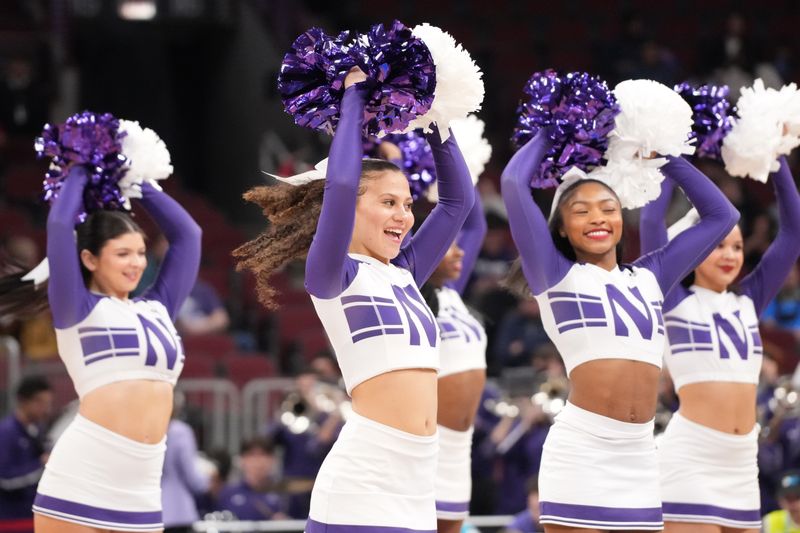 Mar 10, 2026; Chicago, IL, USA; Northwestern Wildcats cheerleaders during the first half at United Center. Mandatory Credit: David Banks-Imagn Images
