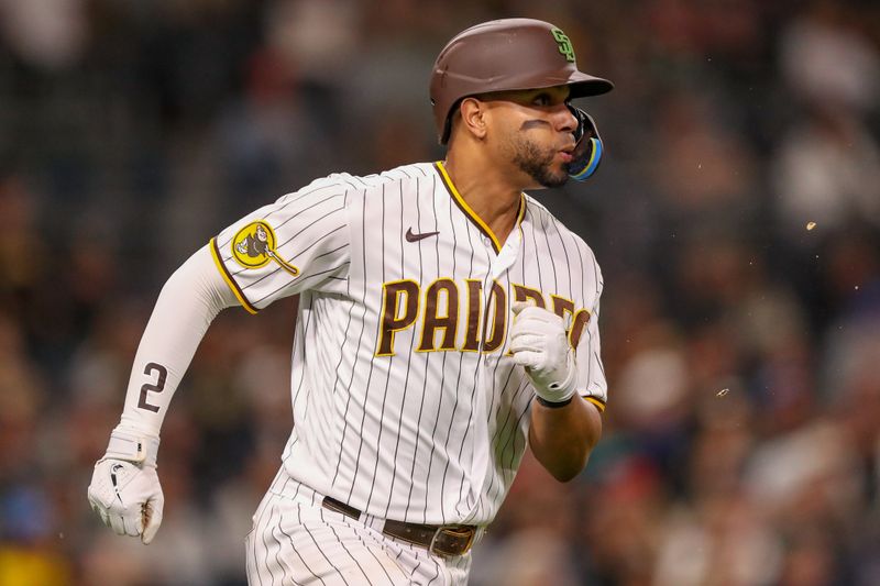 May 20, 2023; San Diego, California, USA;  San Diego Padres shortstop Xander Bogaerts (2) watches the ball as he flies out to right field in the ninth inning against the Boston Red Sox at Petco Park. Mandatory Credit: David Frerker-USA TODAY Sports