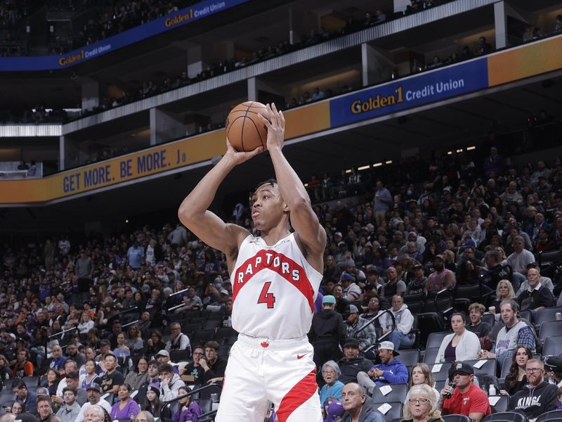 SACRAMENTO, CA - JANUARY 5: Scottie Barnes #4 of the Toronto Raptors shoots a three point basket during the game against the Sacramento Kings on January 5, 2024 at Golden 1 Center in Sacramento, California. NOTE TO USER: User expressly acknowledges and agrees that, by downloading and or using this Photograph, user is consenting to the terms and conditions of the Getty Images License Agreement. Mandatory Copyright Notice: Copyright 2024 NBAE (Photo by Rocky Widner/NBAE via Getty Images)