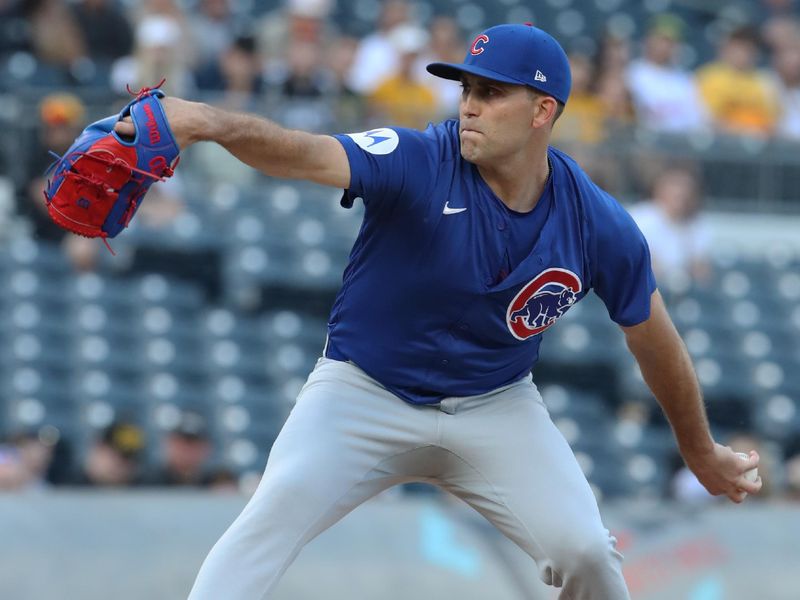 Apr 30, 2025; Pittsburgh, Pennsylvania, USA;  Chicago Cubs starting pitcher Matthew Boyd (16) delivers a pitch against the Pittsburgh Pirates during the first inning at PNC Park. Mandatory Credit: Charles LeClaire-Imagn Images