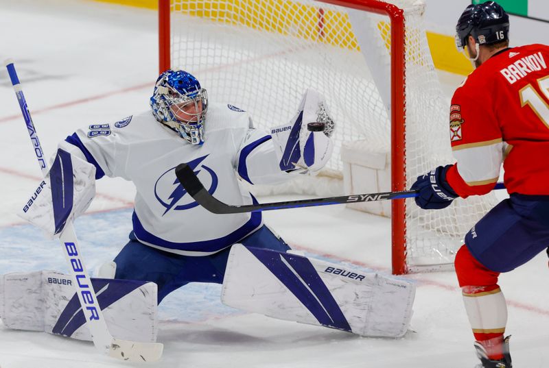 Feb 6, 2023; Sunrise, Florida, USA; Tampa Bay Lightning goaltender Andrei Vasilevskiy (88) makes a save during the second period against the Florida Panthers at FLA Live Arena. Mandatory Credit: Sam Navarro-USA TODAY Sports