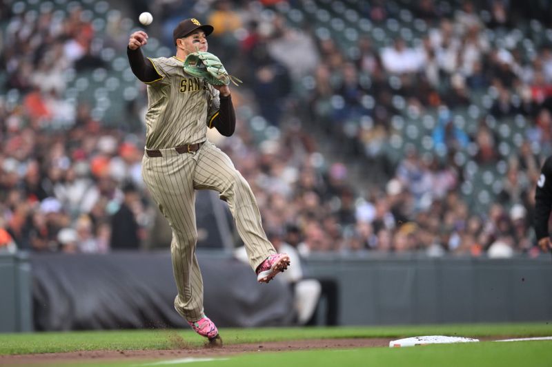 Jun 4, 2025; San Francisco, California, USA;  San Diego Padres third baseman Manny Machado (13) throws to first base for an out against the San Francisco Giants in the first inning at Oracle Park. Mandatory Credit: Eakin Howard-Imagn Images