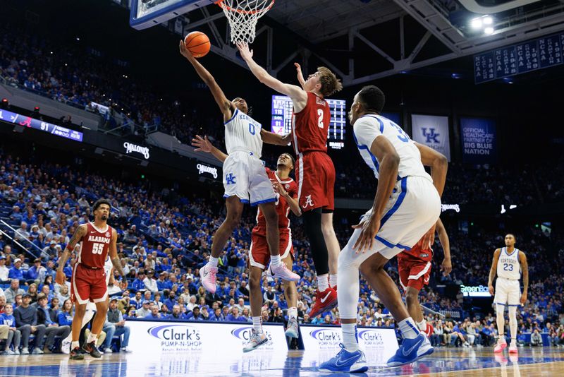 Feb 24, 2024; Lexington, Kentucky, USA; Kentucky Wildcats guard Rob Dillingham (0) goes to the basket during the second half against the Alabama Crimson Tide at Rupp Arena at Central Bank Center. Mandatory Credit: Jordan Prather-USA TODAY Sports