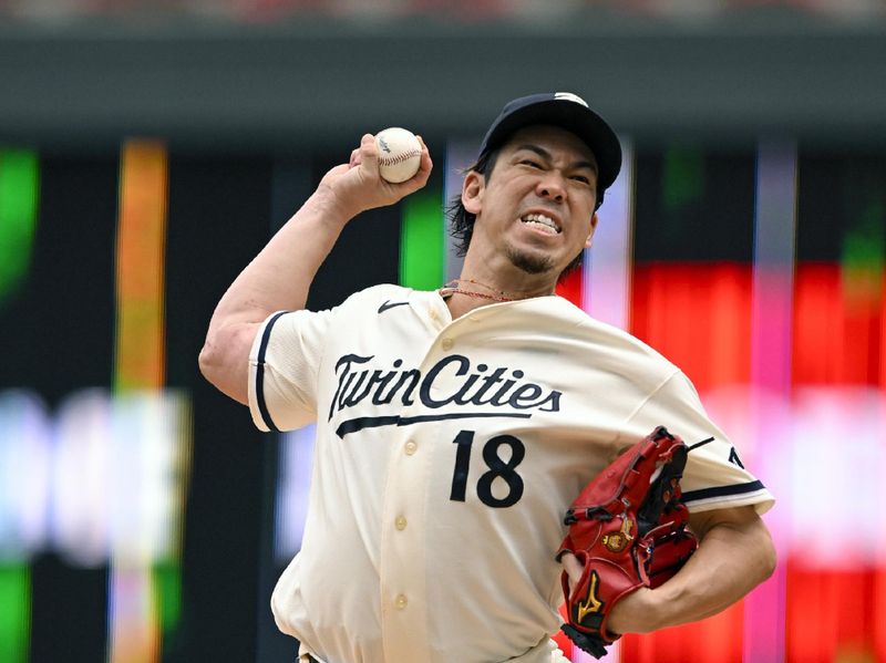 Sep 28, 2023; Minneapolis, Minnesota, USA; Minnesota Twins pitcher Kenta Maeda (18) delivers a pitch against the Oakland Athletics during the sixth inning at Target Field. Mandatory Credit: Nick Wosika-USA TODAY Sports