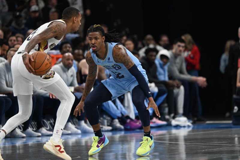 MEMPHIS, TN - NOVEMBER 29: Ja Morant #12 of the Memphis Grizzlies plays defense during the game against the New Orleans Pelicans during the Emirates NBA Cup game on November 29, 2024 at FedExForum in Memphis, Tennessee. NOTE TO USER: User expressly acknowledges and agrees that, by downloading and or using this photograph, User is consenting to the terms and conditions of the Getty Images License Agreement. Mandatory Copyright Notice: Copyright 2024 NBAE (Photo by Grant Burke/NBAE via Getty Images)