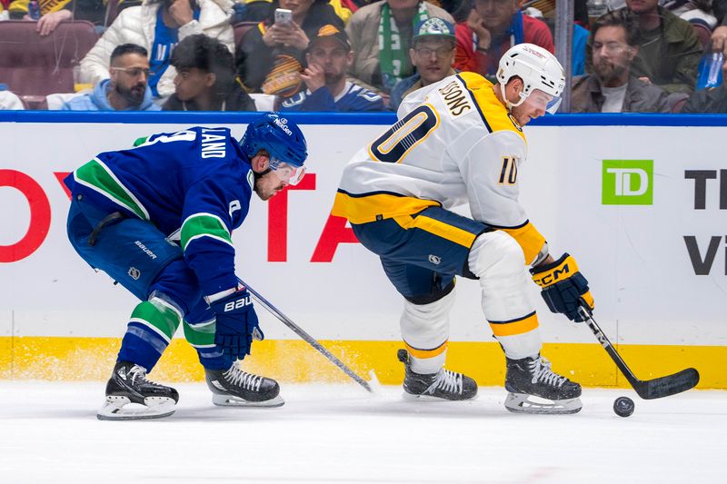 Apr 21, 2024; Vancouver, British Columbia, CAN; Vancouver Canucks forward Conor Garland (8) pursues Nashville Predators forward Colton Sissons (10) in the third period in game one of the first round of the 2024 Stanley Cup Playoffs at Rogers Arena.  Mandatory Credit: Bob Frid-USA TODAY Sports