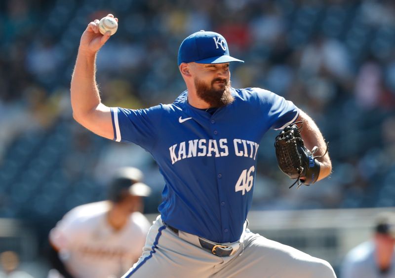 Sep 14, 2024; Pittsburgh, Pennsylvania, USA;  Kansas City Royals relief pitcher John Schreiber (46) pitches against the Pittsburgh Pirates during the seventh inning at PNC Park. Mandatory Credit: Charles LeClaire-Imagn Images