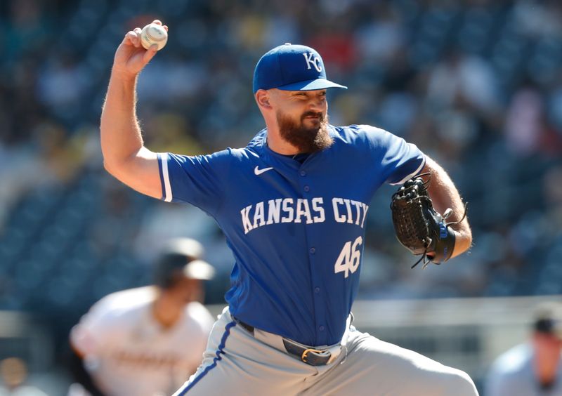 Sep 14, 2024; Pittsburgh, Pennsylvania, USA;  Kansas City Royals relief pitcher John Schreiber (46) pitches against the Pittsburgh Pirates during the seventh inning at PNC Park. Mandatory Credit: Charles LeClaire-Imagn Images