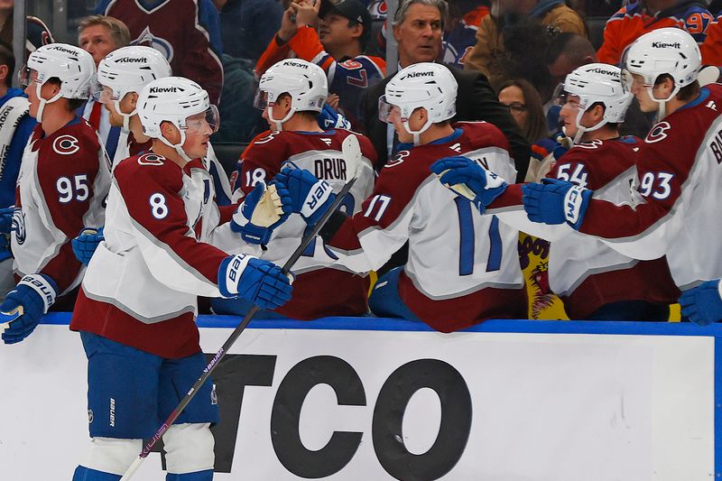 Nov 8, 2025; Edmonton, Alberta, CAN; The Colorado Avalanche celebrate a goal scored by  defensemen Cale Makar (8) during the first period against the Edmonton Oilers at Rogers Place. Mandatory Credit: Perry Nelson-Imagn Images