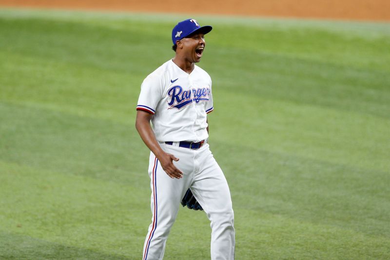 Oct 10, 2023; Arlington, Texas, USA; Texas Rangers relief pitcher Jose Leclerc (25) celebrates after defeating the Baltimore Orioles in game three of the ALDS for the 2023 MLB playoffs at Globe Life Field. Mandatory Credit: Andrew Dieb-USA TODAY Sports